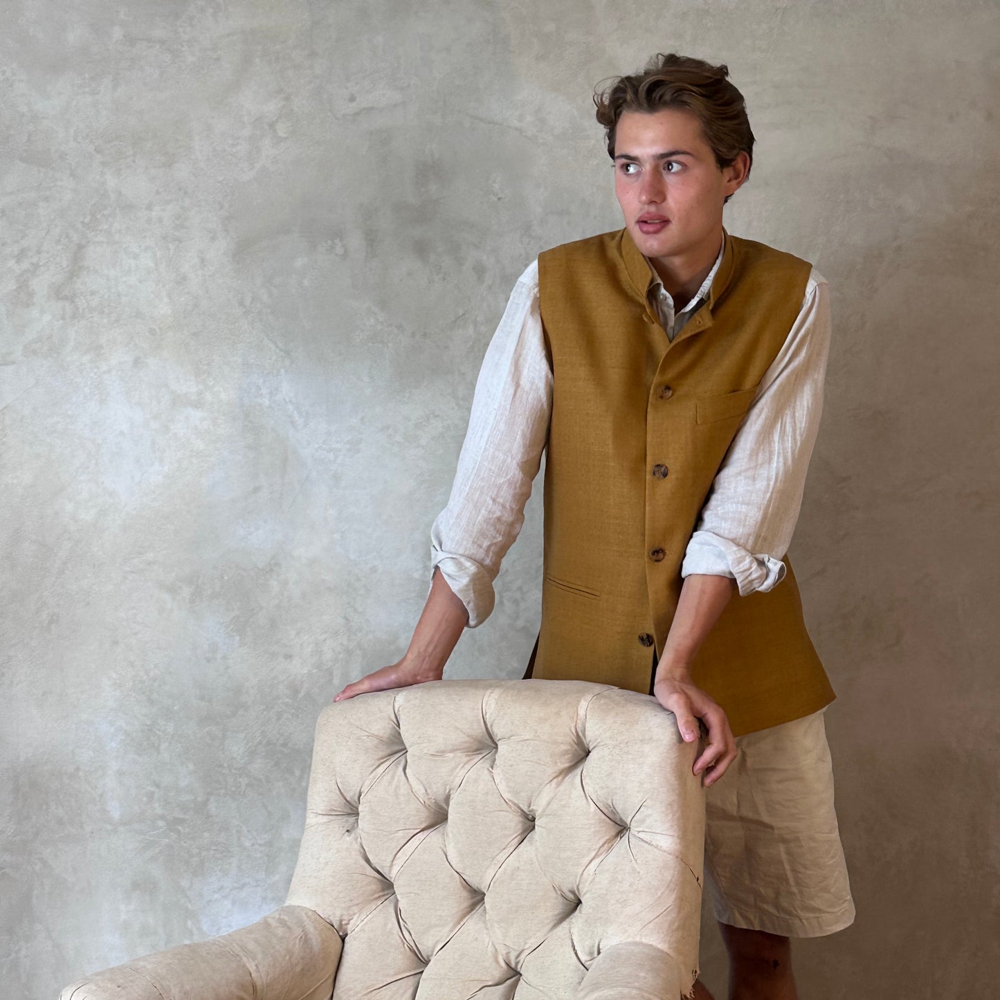 40" Tailored Waistcoat in Darker Straw Silk Matka