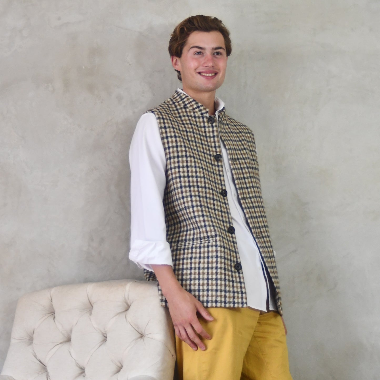 42" Classic Cut Waistcoat in Fox Brothers Navy, Moss and Amber Gunclub Check Tweed