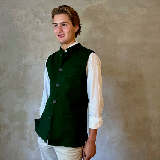 Tailored Cut Waistcoat in Forest Green Merino Melton