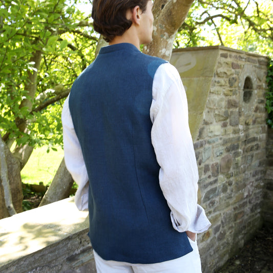 Tailored Cut Waistcoat in Indigo Heavier-Weight Irish Linen