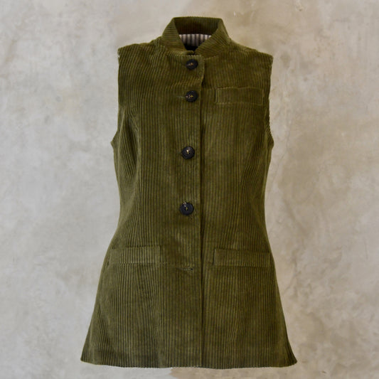 Ladies Longer Length Waistcoat in Khaki Corduroy