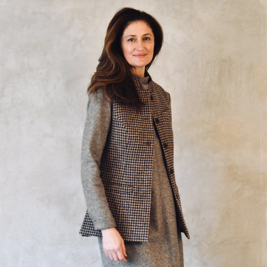 8 – Ladies Longer Length Waistcoat in Camel Check Lovat Tweed