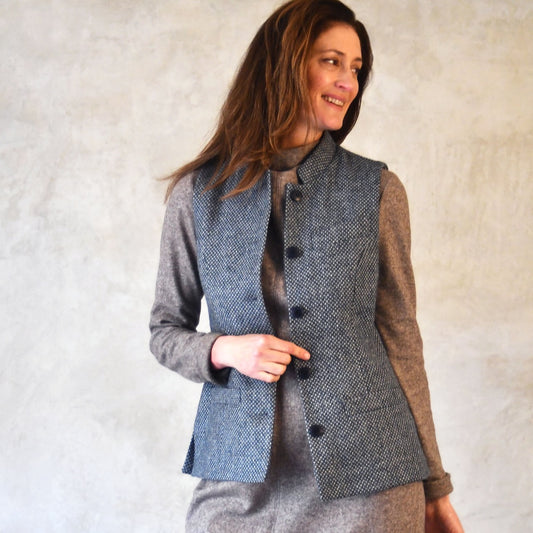 Ladies Longer Length Waistcoat in Blue-Grey Tiger Eye Tweed
