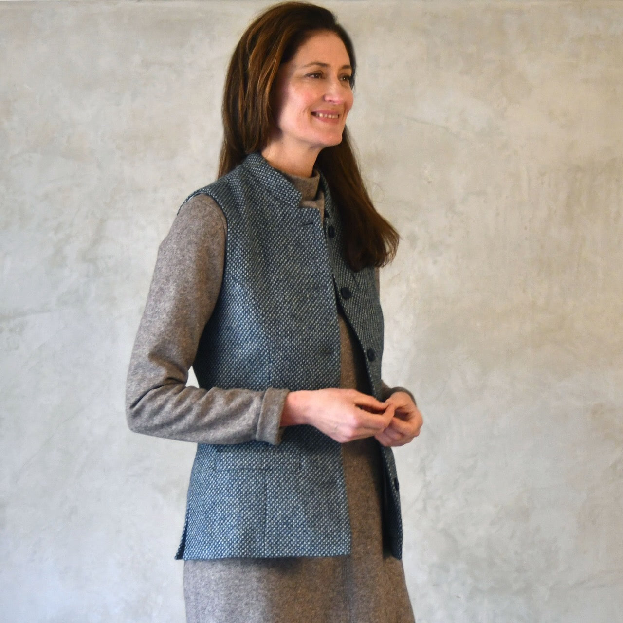 Ladies Longer Length Waistcoat in Blue-Grey Tiger Eye Tweed