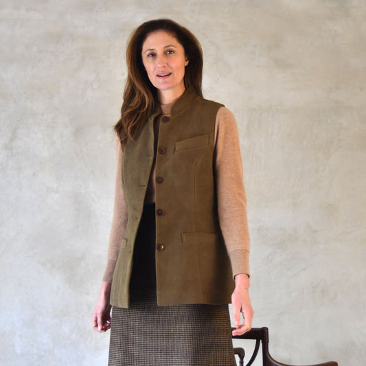 8 – Ladies Longer Length Waistcoat in Khaki Moleskin