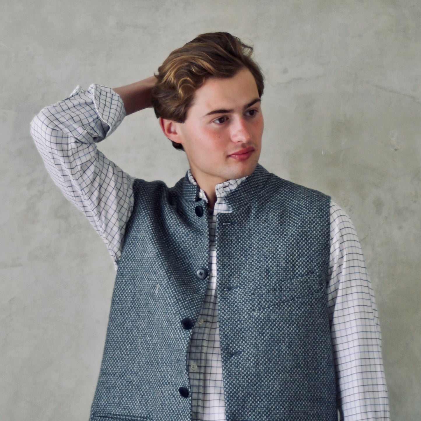 42" Tailored Cut Waistcoat in Light Grey and Blue Tiger Eye Tweed