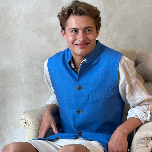 Tailored Cut Waistcoat in Sky Blue Silk Matka