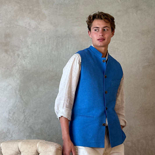 Classic Cut Waistcoat in Sky Blue Silk Matka