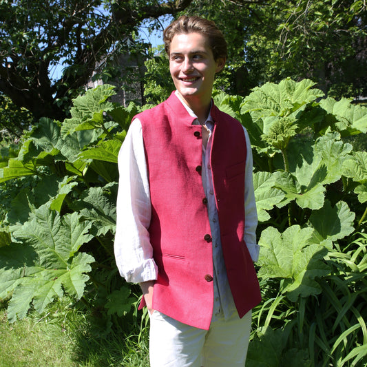 Tailored Cut Waistcoat in Deep Red Heavier-Weight Irish Linen