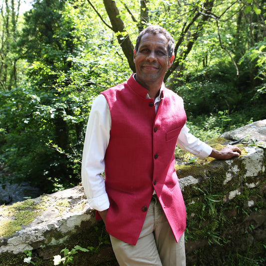 Classic Cut Waistcoat in Deep Red Heavier-Weight Irish Linen