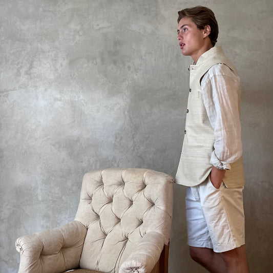 Classic Cut Waistcoat in Pale Sand Silk Matka