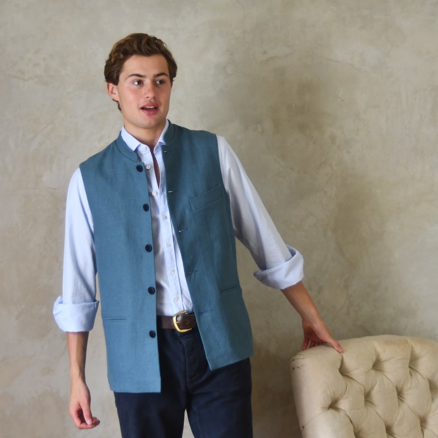 44" Tailored Cut Waistcoat in Seafoam Mid-Weight Irish Linen