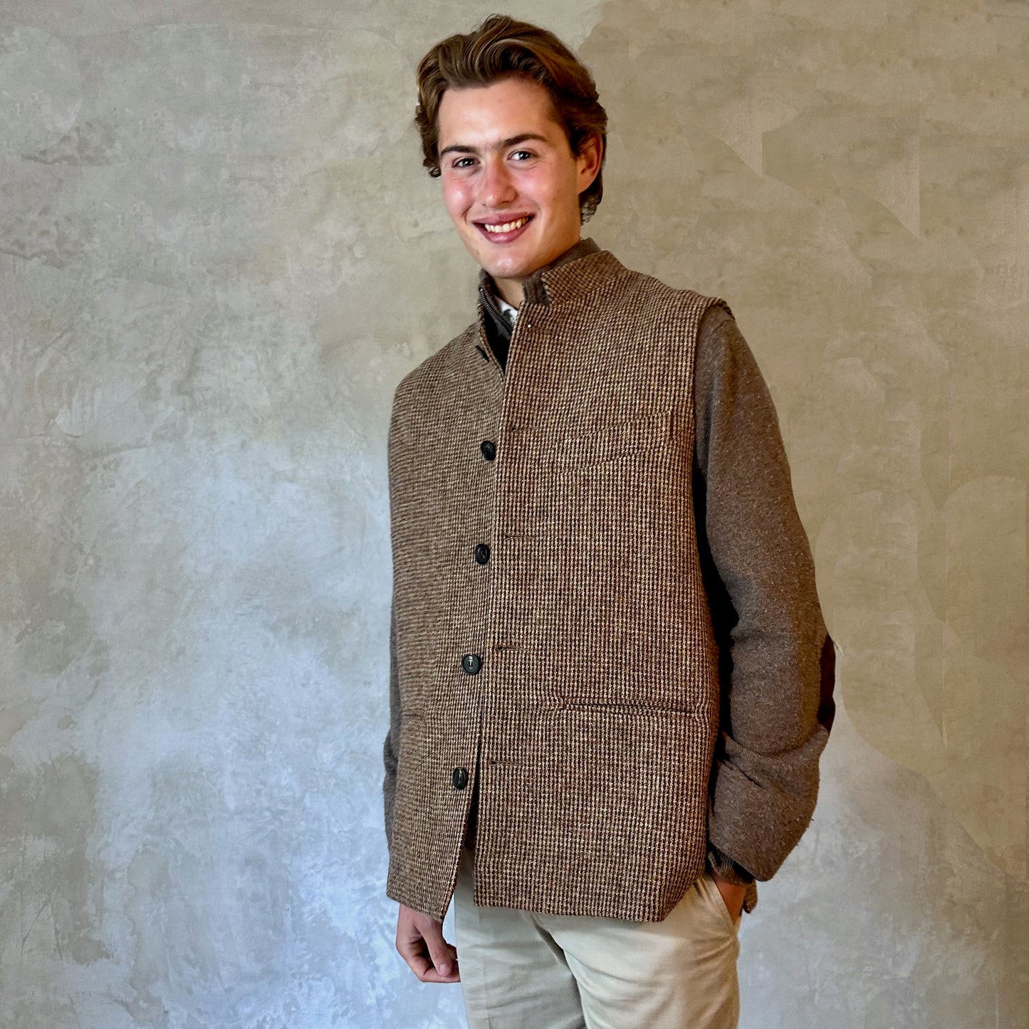 Tailored Cut Waistcoat in Small Brown Check Lovat Tweed