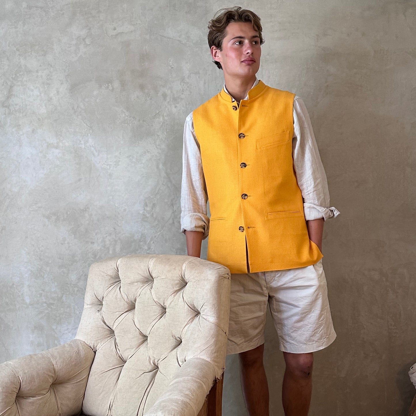 38" Tailored Waistcoat in Sunflower Yellow Silk Matka