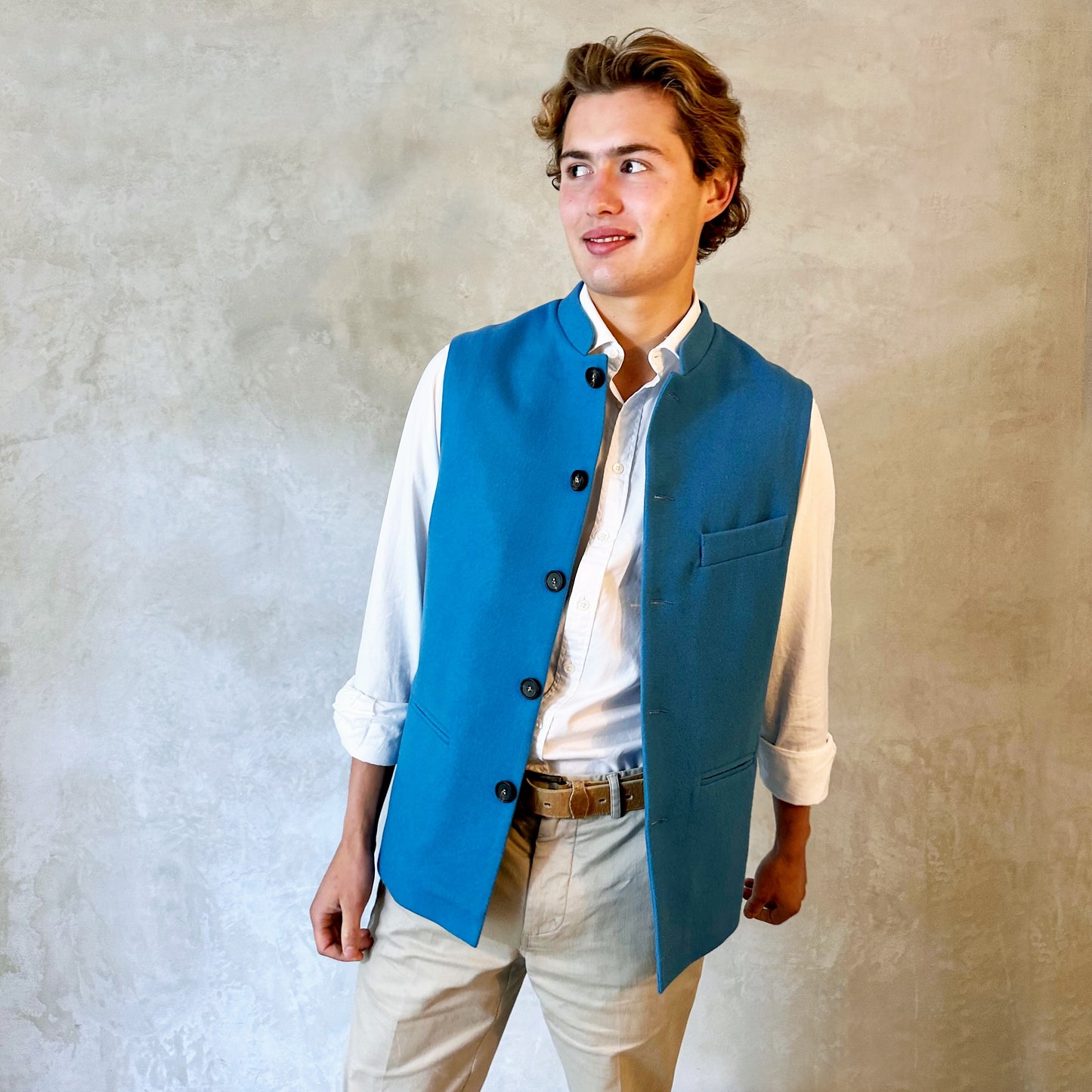 38" Classic Cut Waistcoat in Mid Blue Merino