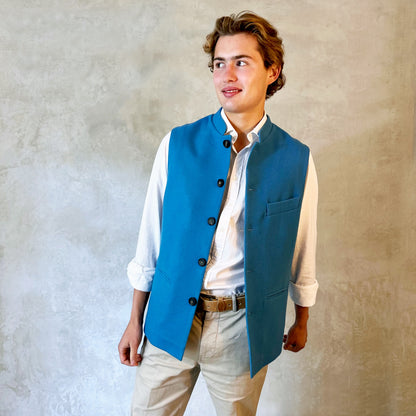 38" Classic Cut Waistcoat in Mid Blue Merino