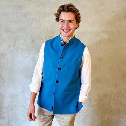 38" Classic Cut Waistcoat in Mid Blue Merino