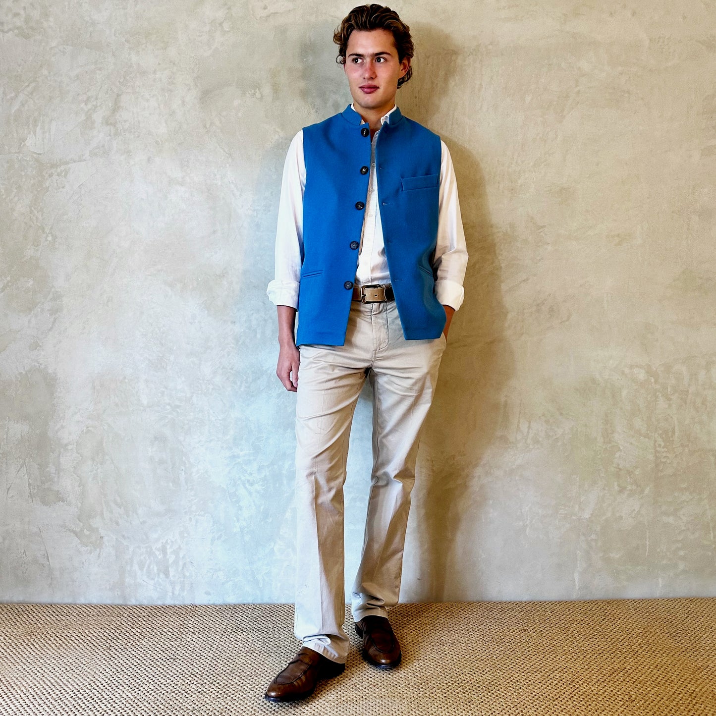 38" Classic Cut Waistcoat in Mid Blue Merino