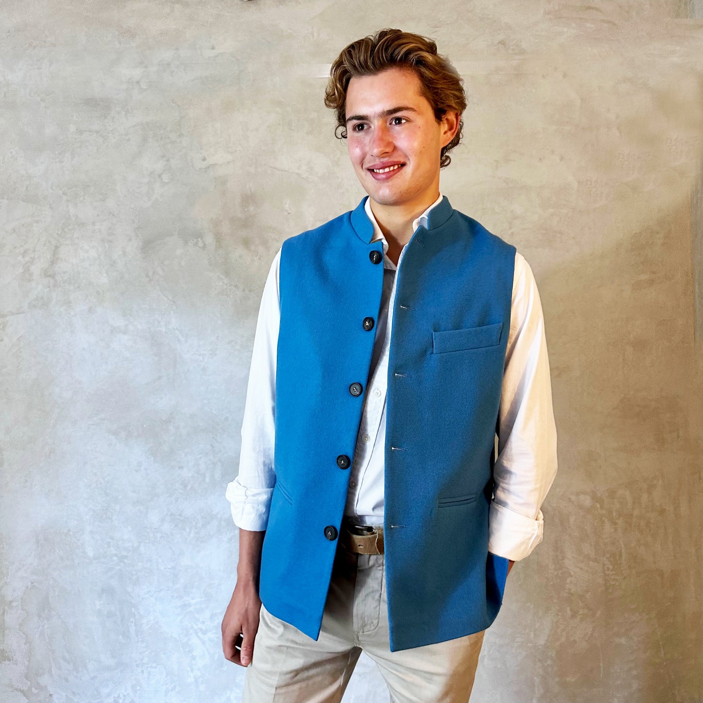 38" Classic Cut Waistcoat in Mid Blue Merino