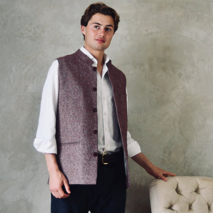 Tailored Cut Waistcoat in Finely Woven Bloodshot Hopsack Tweed