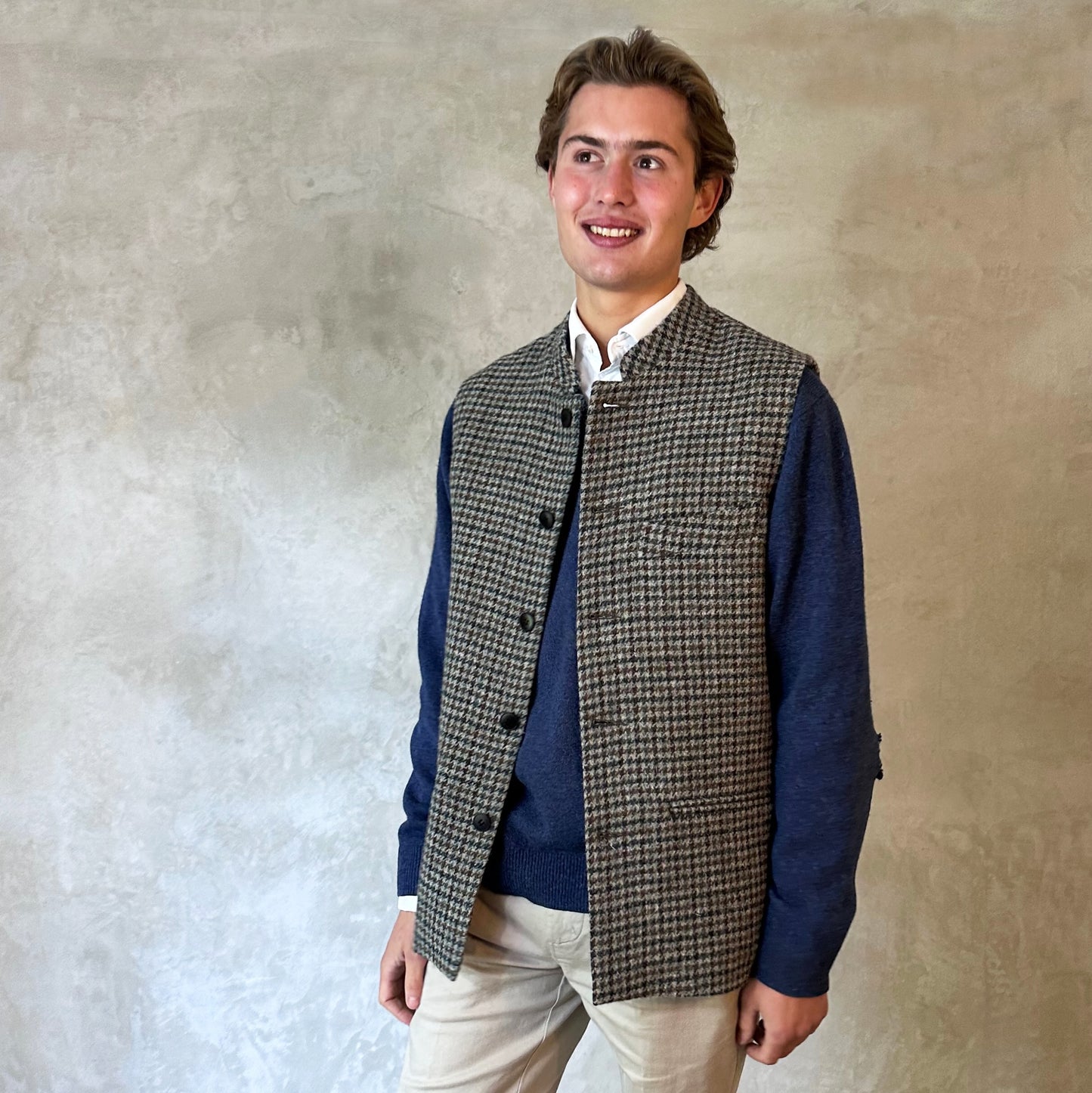 Tailored Cut Waistcoat in Blue-Grey Lovat Check Tweed