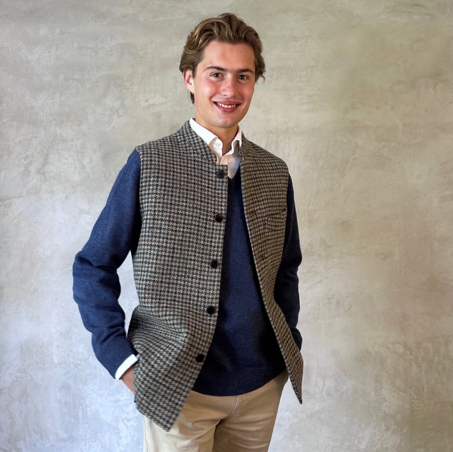 Tailored Cut Waistcoat in Blue-Grey Lovat Check Tweed