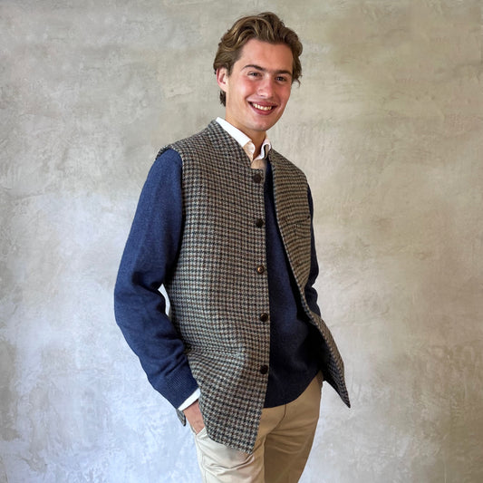Tailored Cut Waistcoat in Blue-Grey Lovat Check Tweed