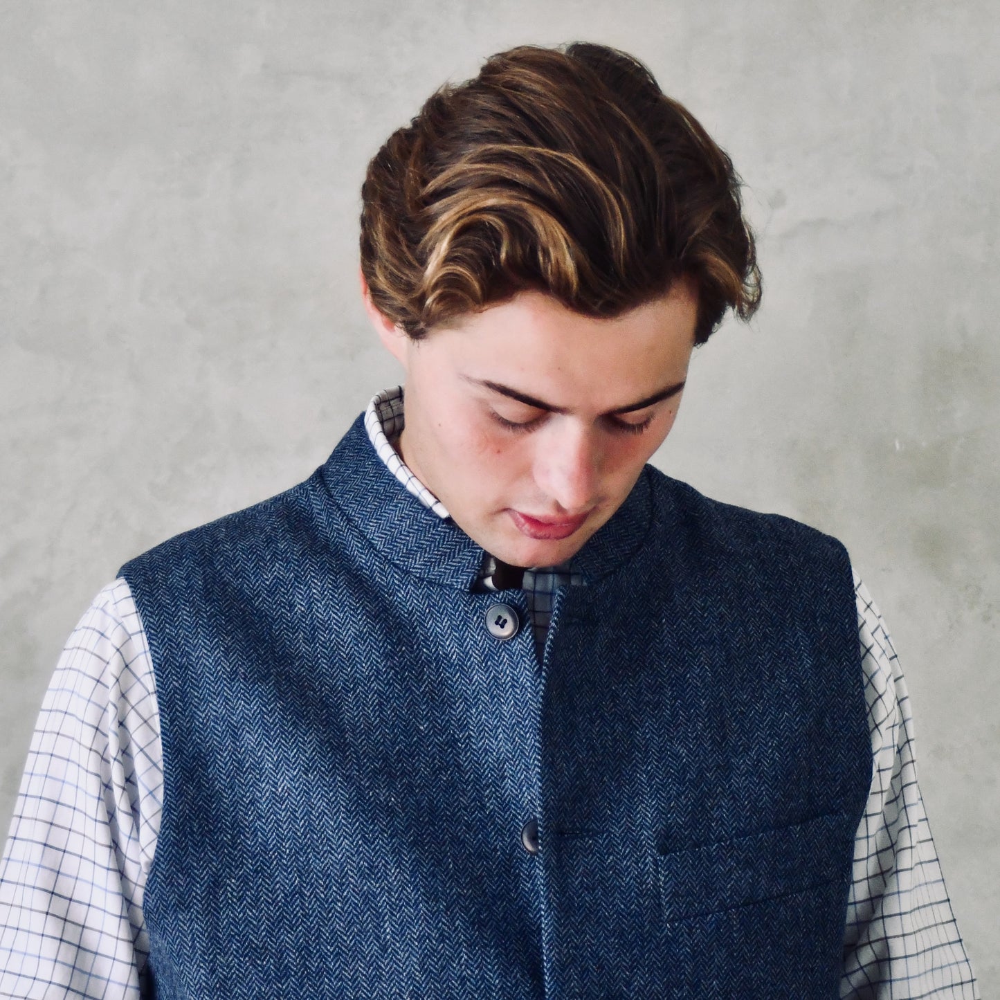 Tailored Cut Waistcoat in Denim Blue Herringbone Lambswool Tweed