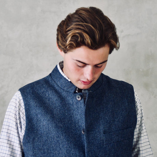 Tailored Cut Waistcoat in Denim Blue Herringbone Lambswool Tweed