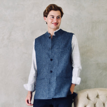 Tailored Cut Waistcoat in Denim Blue Herringbone Lambswool Tweed