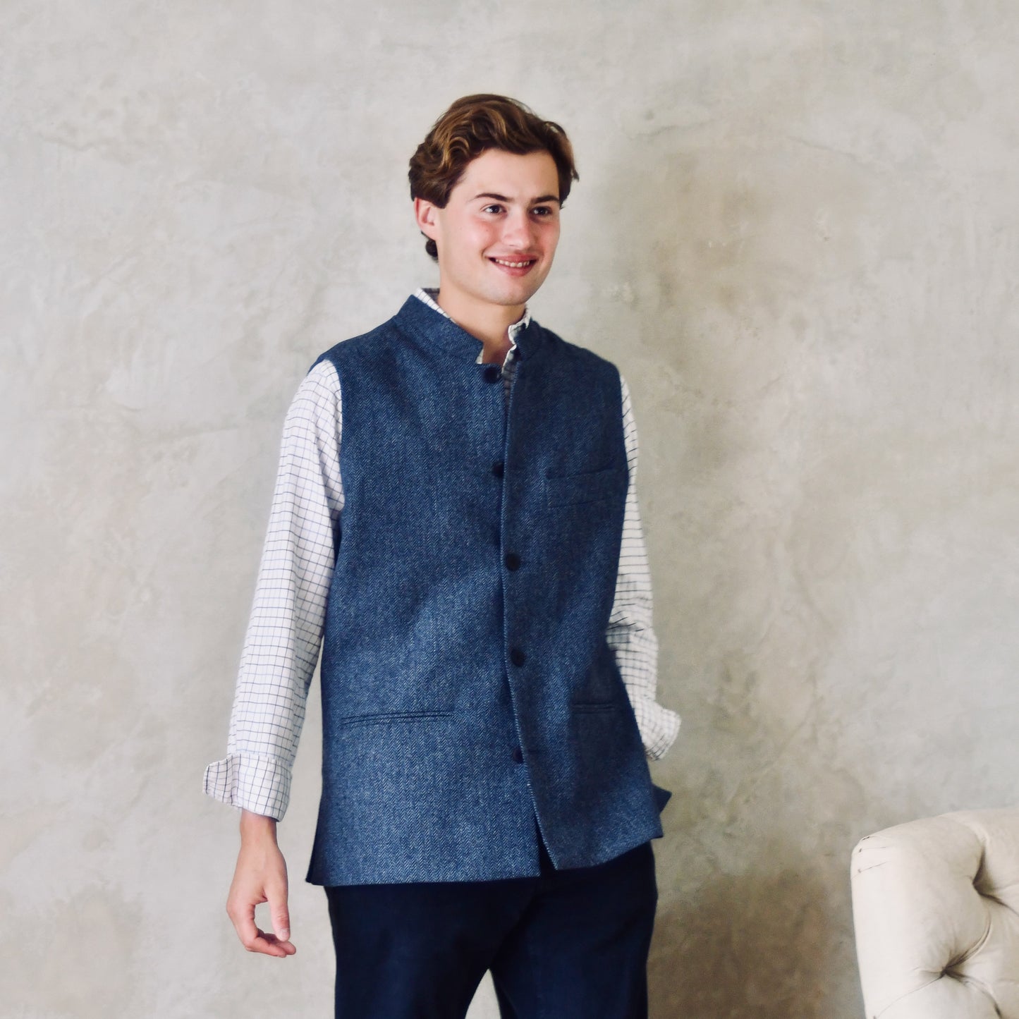 Tailored Cut Waistcoat in Denim Blue Herringbone Lambswool Tweed
