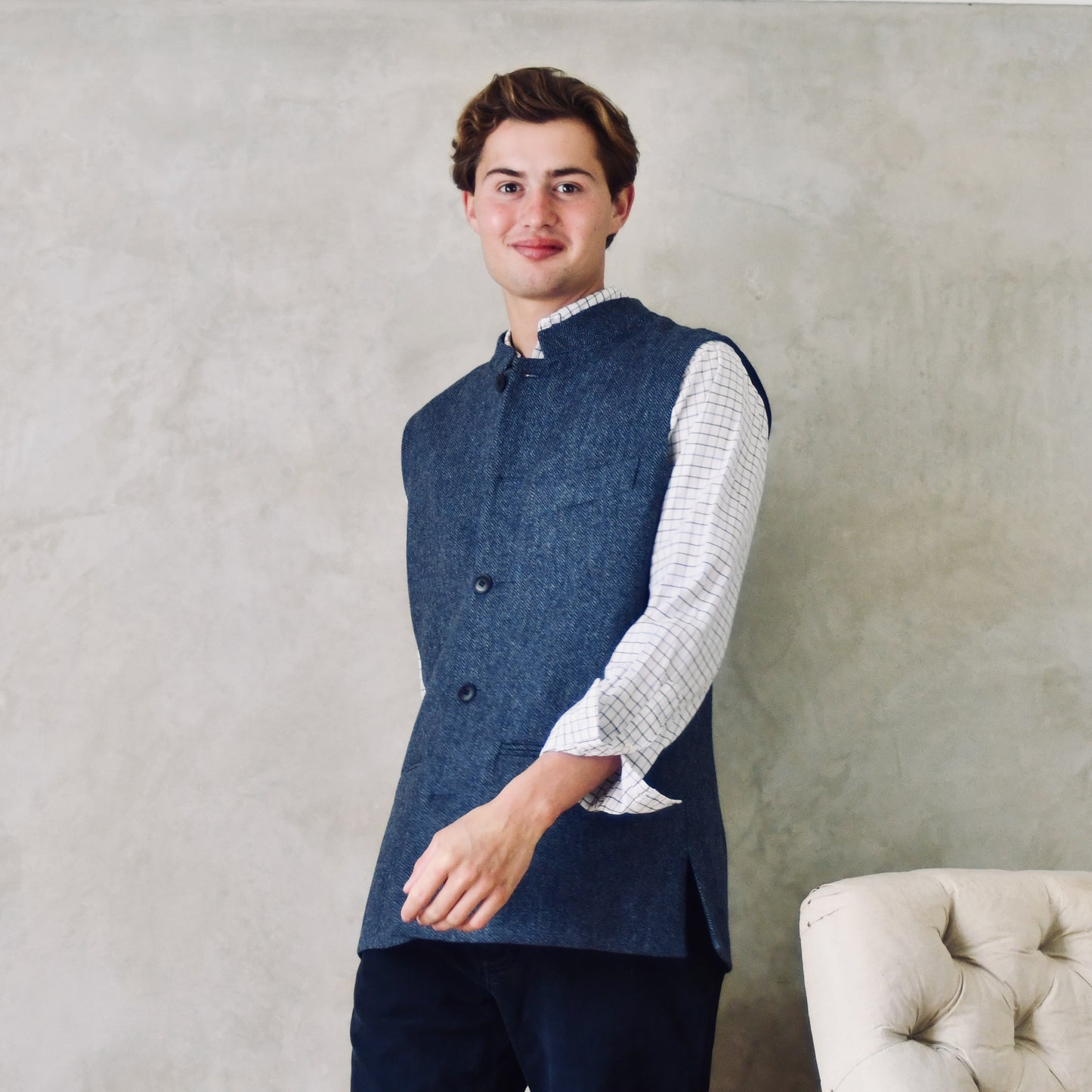Tailored Cut Waistcoat in Denim Blue Herringbone Lambswool Tweed