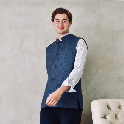 Tailored Cut Waistcoat in Denim Blue Herringbone Lambswool Tweed