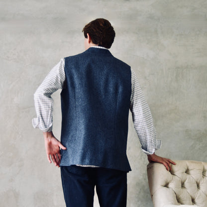 Tailored Cut Waistcoat in Denim Blue Herringbone Lambswool Tweed