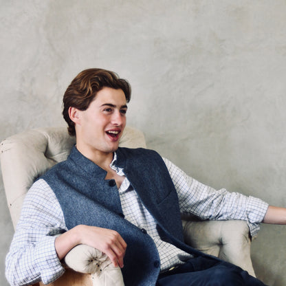 Tailored Cut Waistcoat in Denim Blue Herringbone Lambswool Tweed