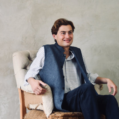 Tailored Cut Waistcoat in Denim Blue Herringbone Lambswool Tweed