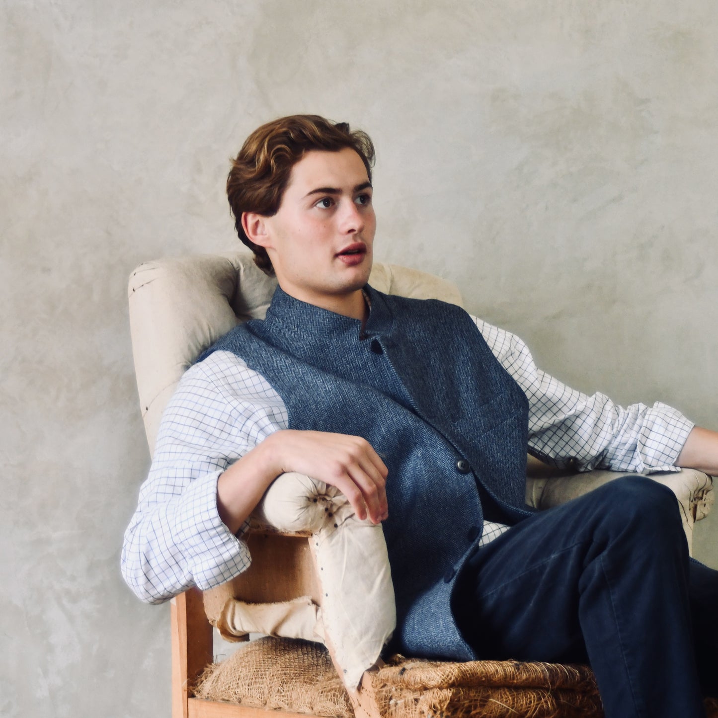 Tailored Cut Waistcoat in Denim Blue Herringbone Lambswool Tweed