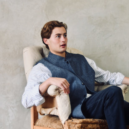 Tailored Cut Waistcoat in Denim Blue Herringbone Lambswool Tweed