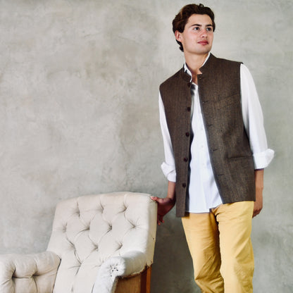 Tailored Cut Brown-Black Herringbone Cashmere Mix Flannel