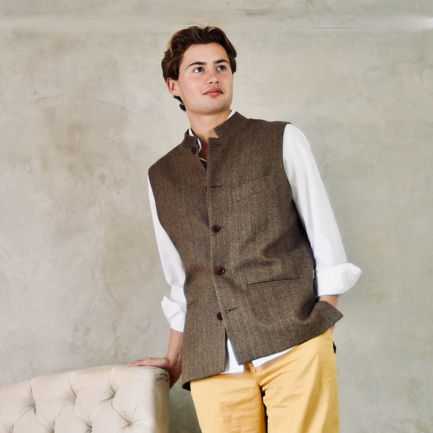 Tailored Cut Brown-Black Herringbone Cashmere Mix Flannel