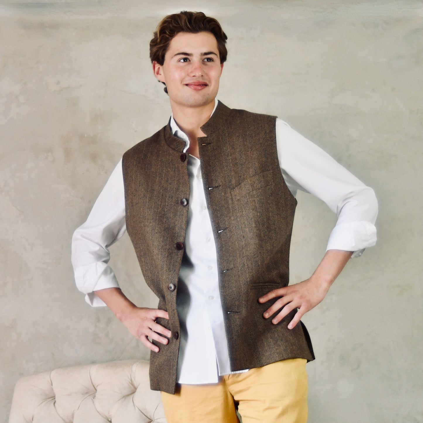 Tailored Cut Brown-Black Herringbone Cashmere Mix Flannel