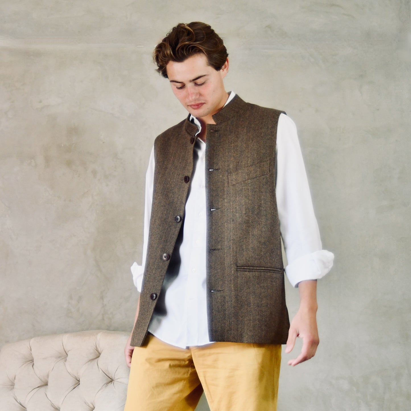 Tailored Cut Brown-Black Herringbone Cashmere Mix Flannel