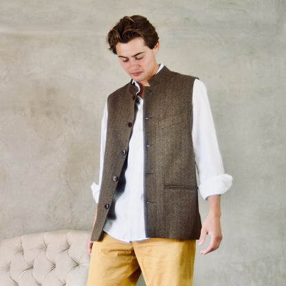 Tailored Cut Brown-Black Herringbone Cashmere Mix Flannel