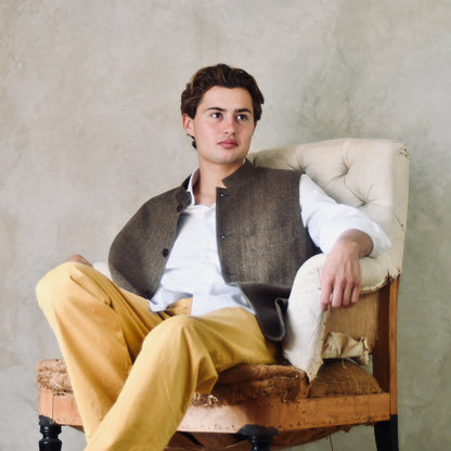 Tailored Cut Brown-Black Herringbone Cashmere Mix Flannel