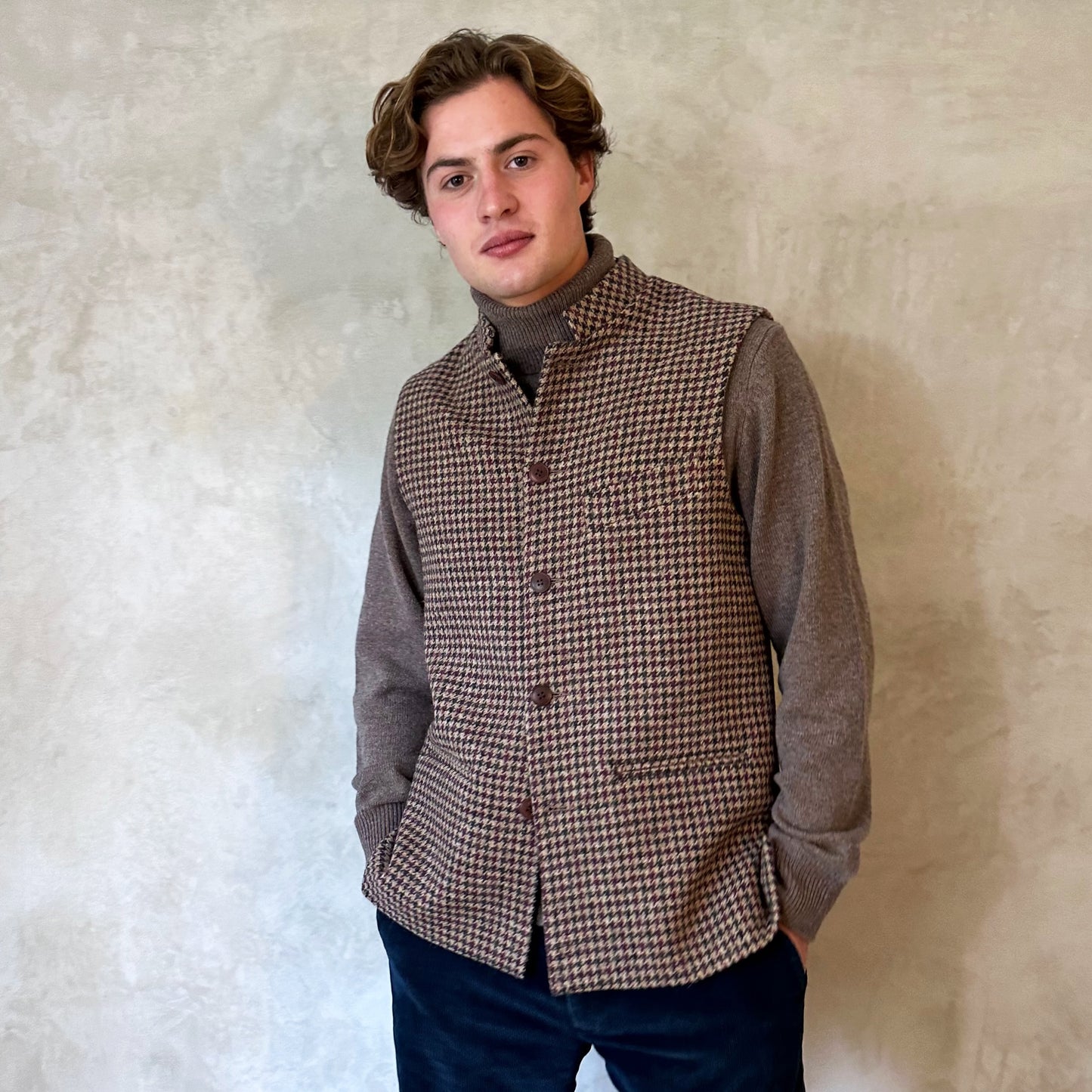 Classic Cut Waistcoat in Camel Check Lovat Tweed