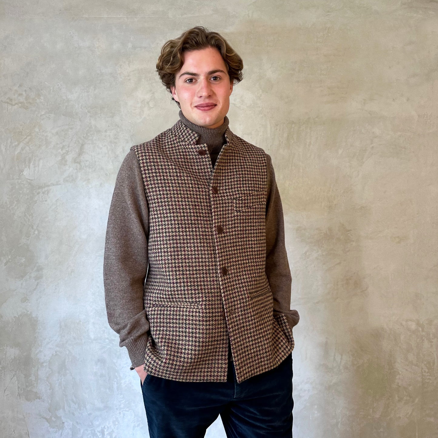 Classic Cut Waistcoat in Camel Check Lovat Tweed