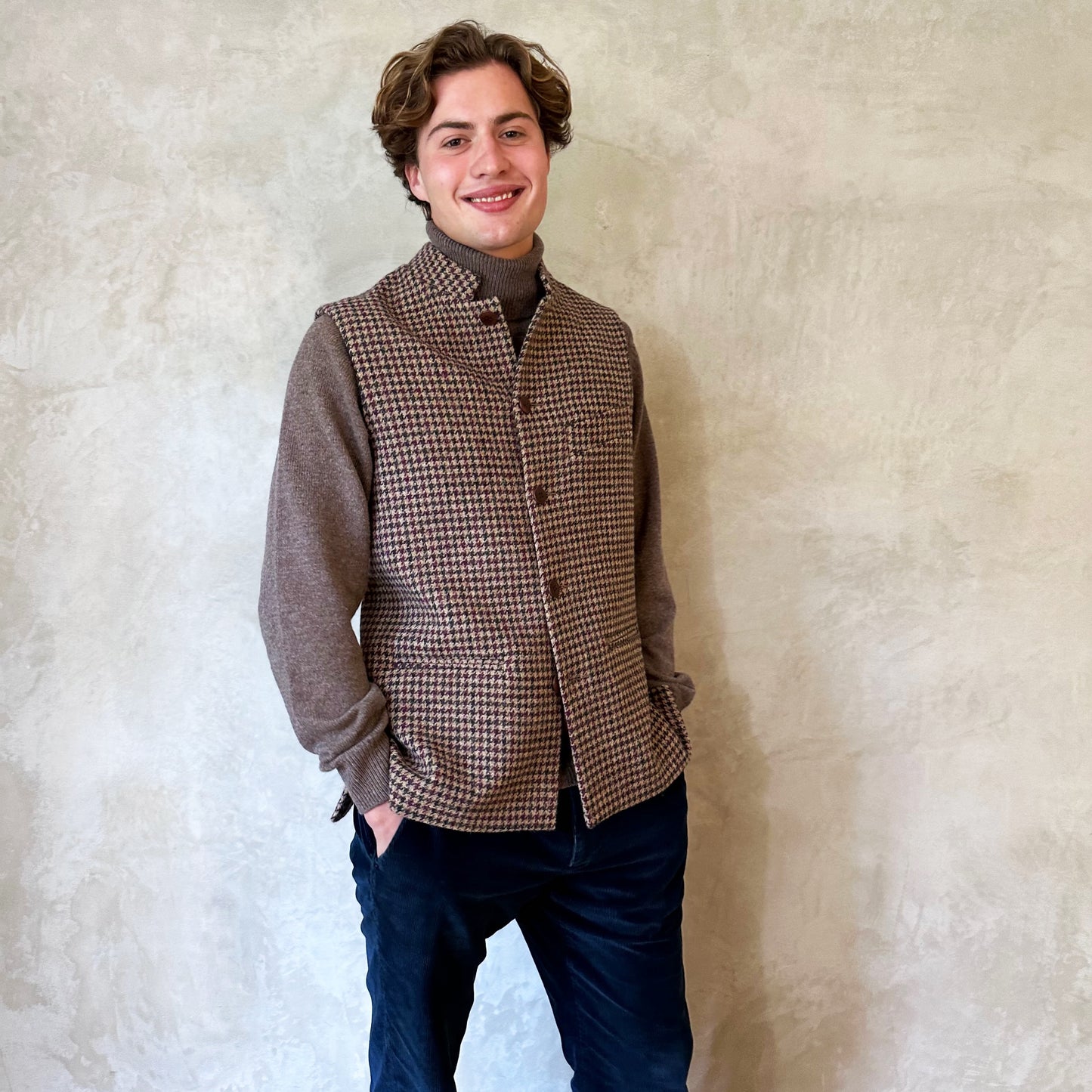 Classic Cut Waistcoat in Camel Check Lovat Tweed