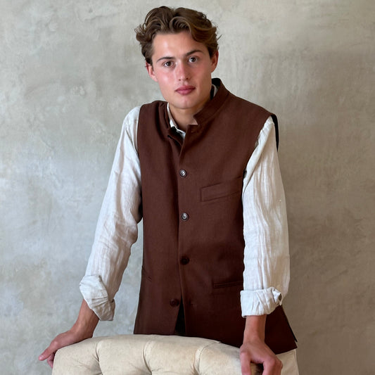 Tailored Cut Waistcoat in Chocolate Bark Silk Matka
