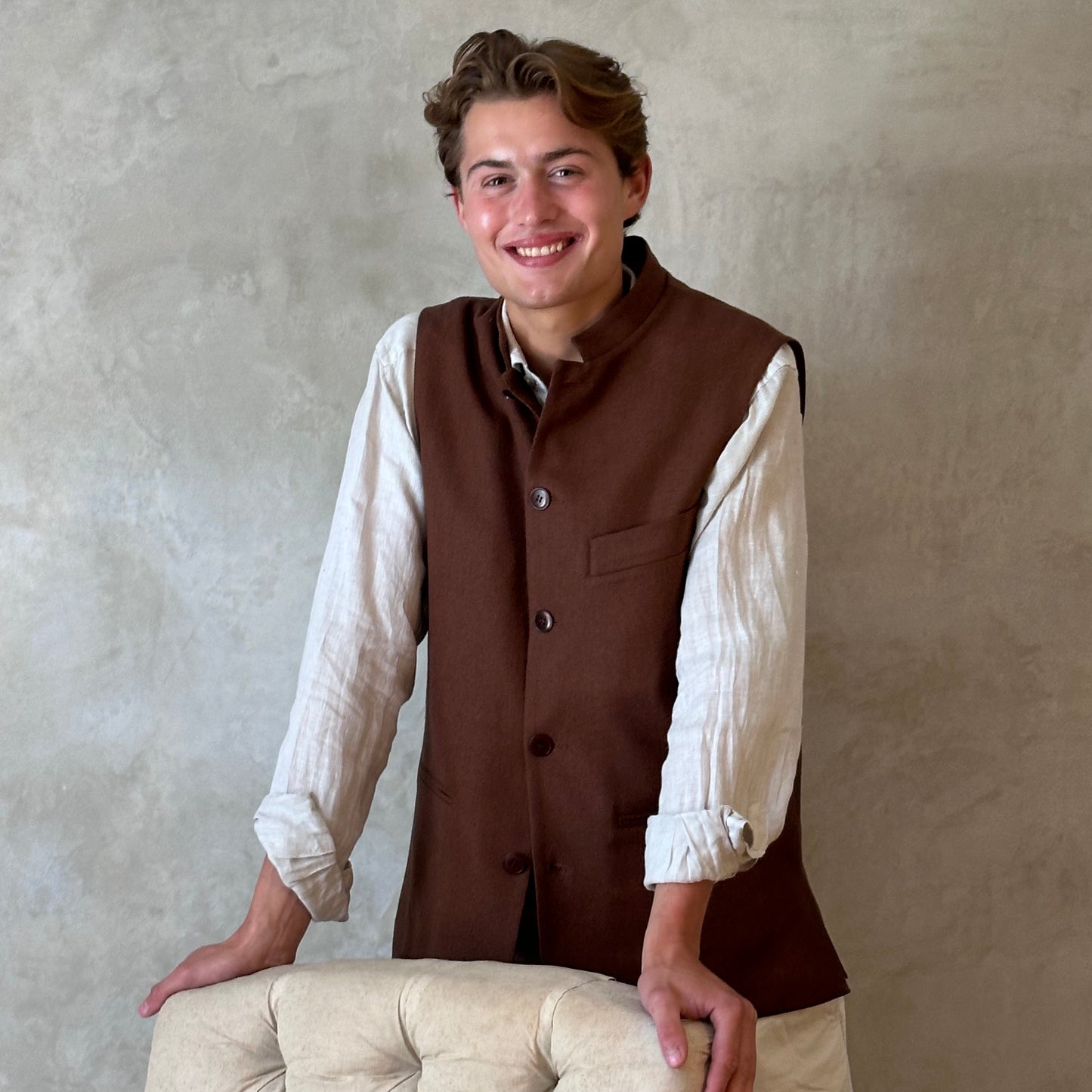 Tailored Cut Waistcoat in Chocolate Bark Silk Matka