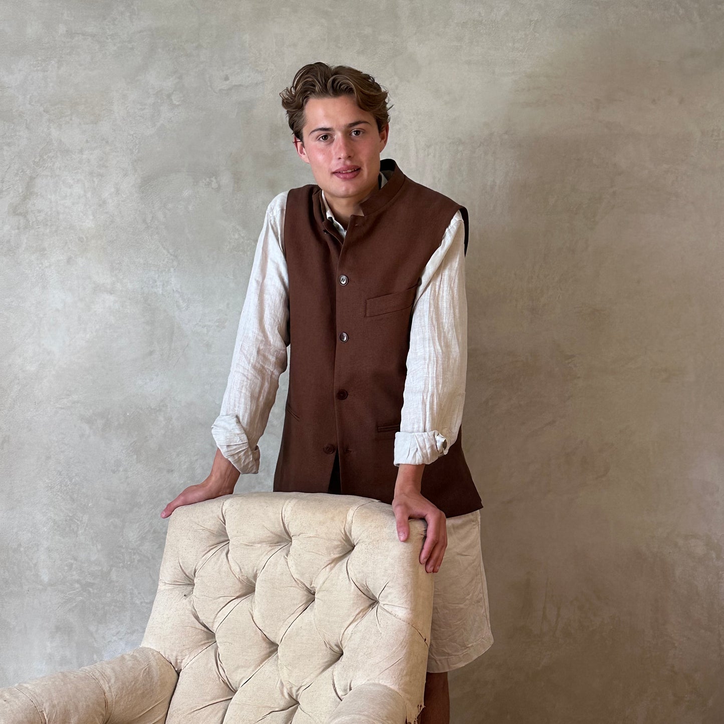 Tailored Cut Waistcoat in Chocolate Bark Silk Matka